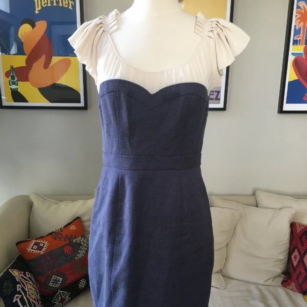 Rebecca Taylor blue cream flutter sleeve dress